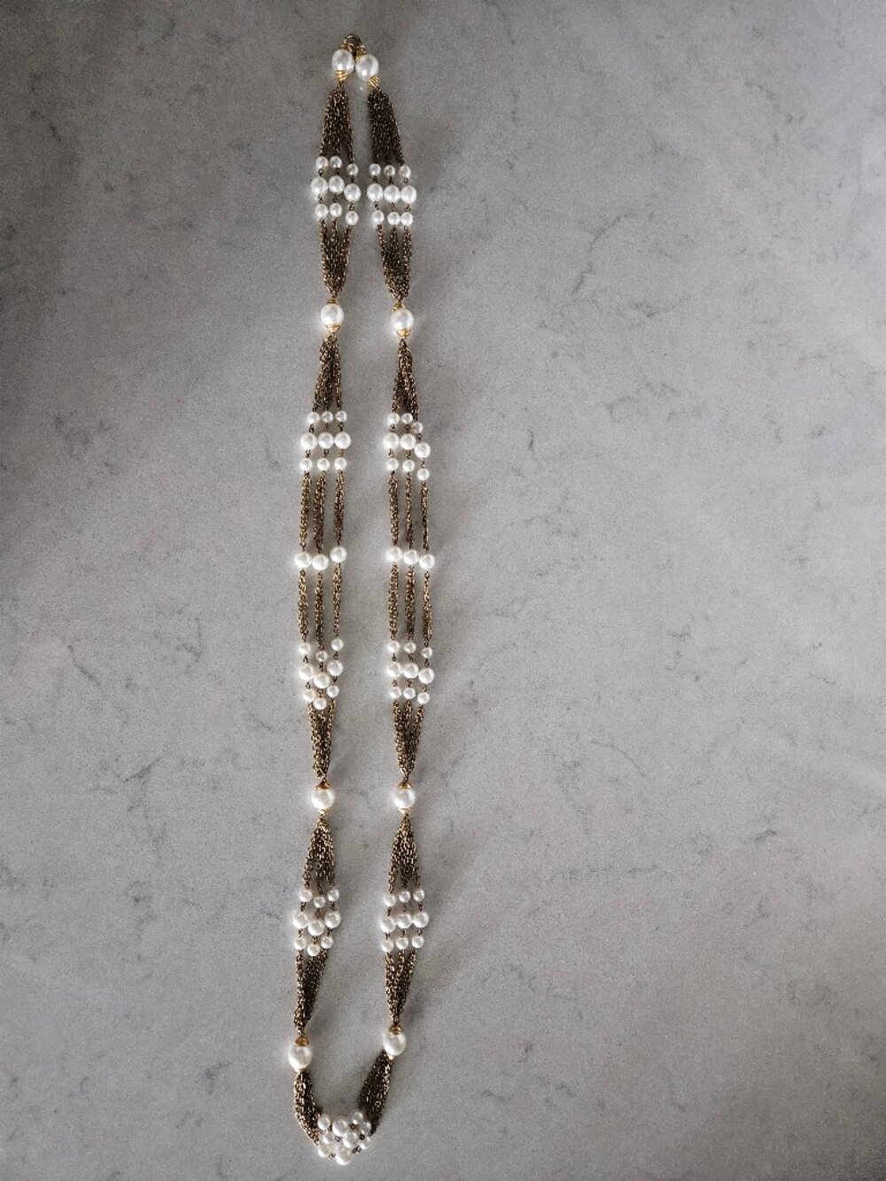 RARE AND VINTAGE GOLD AND PEARL SIX STRAND 52" LONG NECKLACE IN CHANEL STYLE